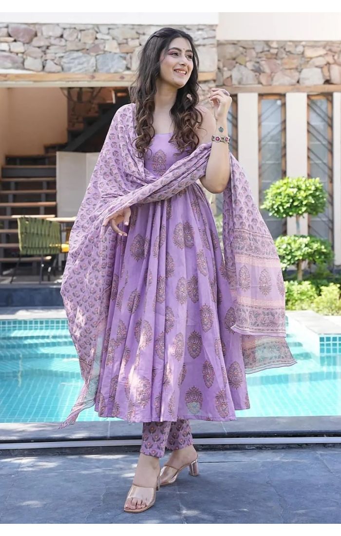 Lavender flared kurta set with gold block print, wedding & festive wear.