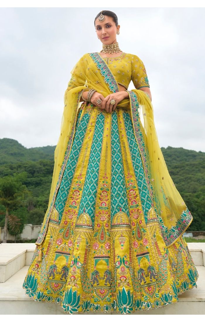 Lemon Banarasi Lehenga Choli with intricate embroidery – perfect for weddings and festive occasions.