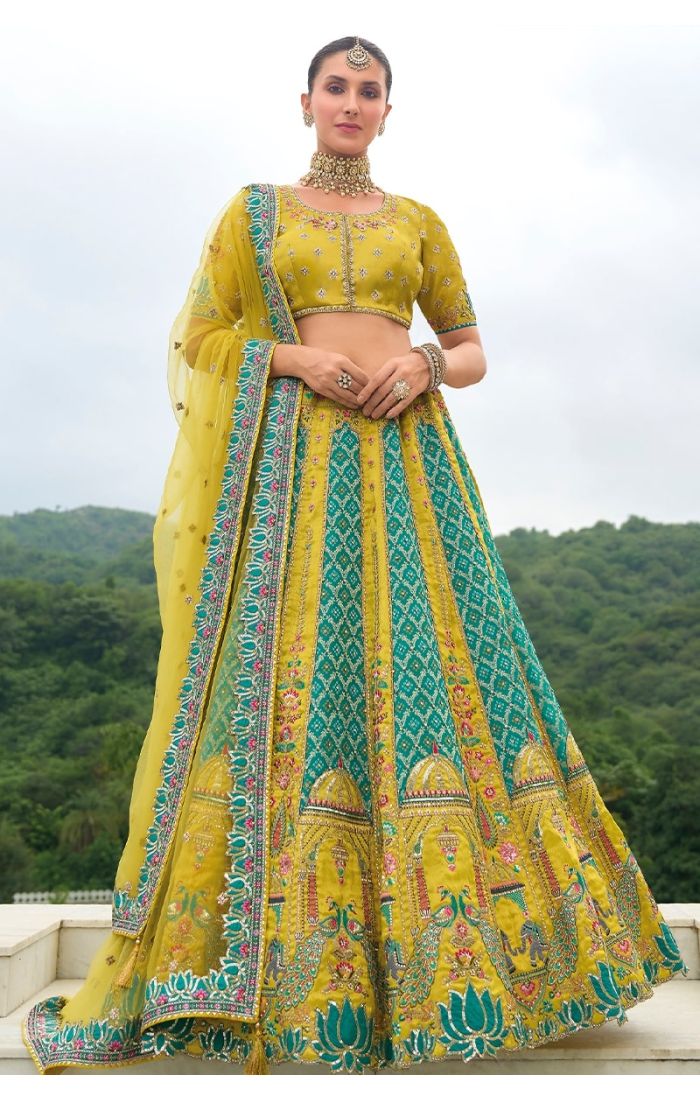 Lemon Banarasi Lehenga Choli with intricate embroidery – perfect for weddings and festive occasions.