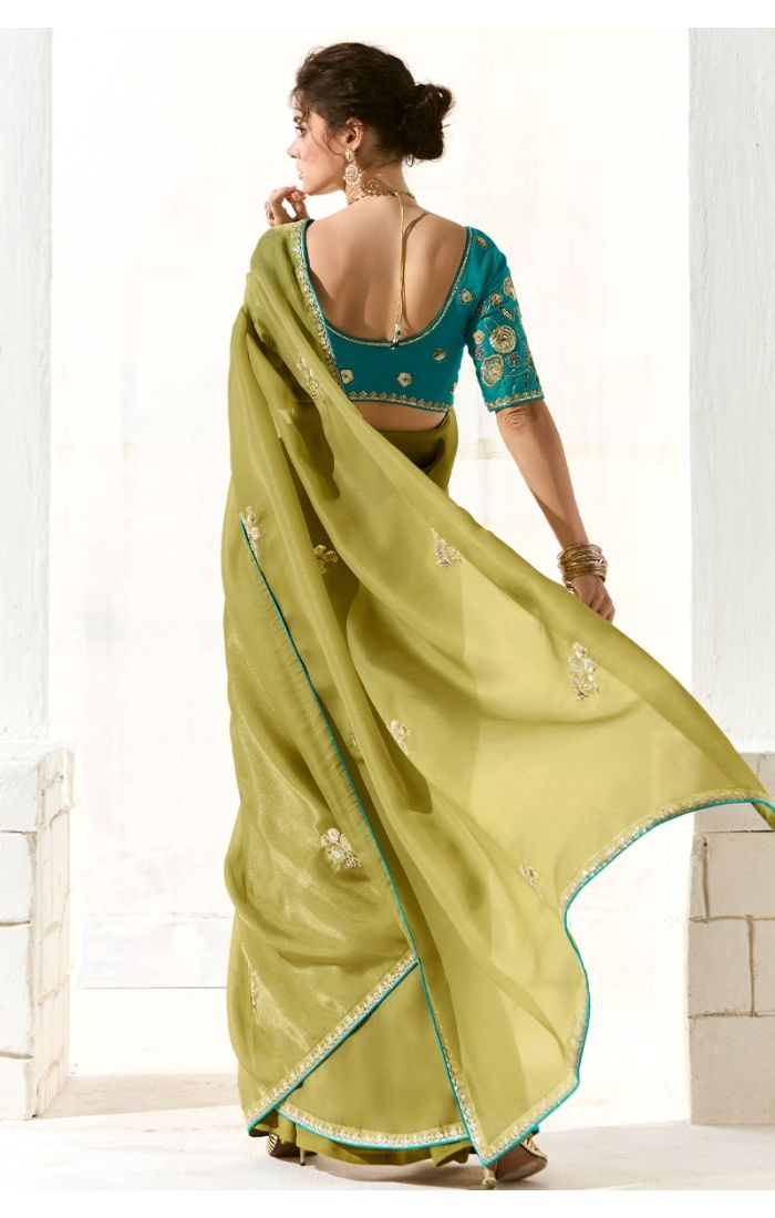 Back view of organza saree with contrasting blue silk blouse featuring heavy floral embroidery