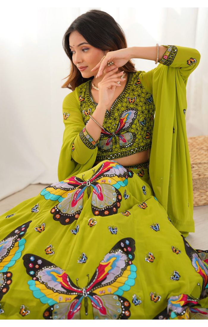 Designer lime green butterfly embroidered lehenga for Garba and Navaratri