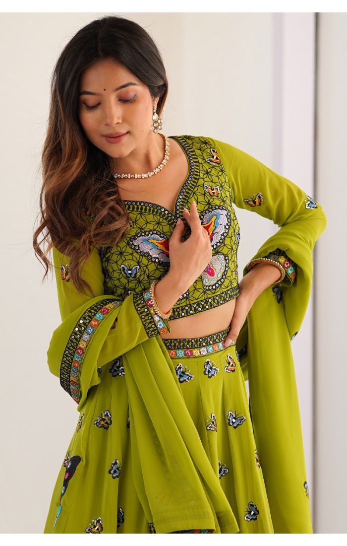 Designer lime green butterfly embroidered lehenga for Garba and Navaratri