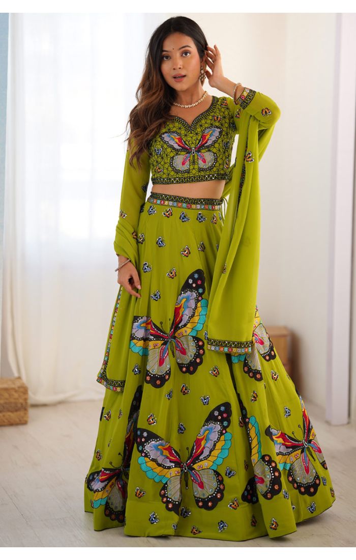 Lime green georgette butterfly embroidered Navaratri lehenga choli with dupatta