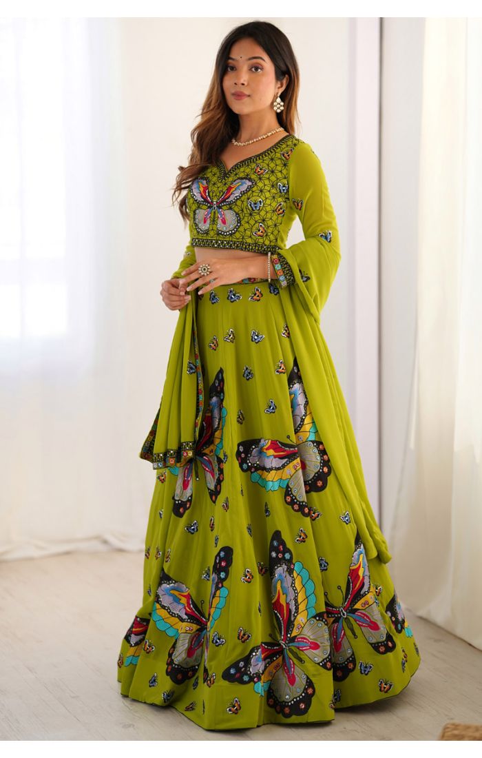 Lime green georgette butterfly embroidered Navaratri lehenga choli with dupatta