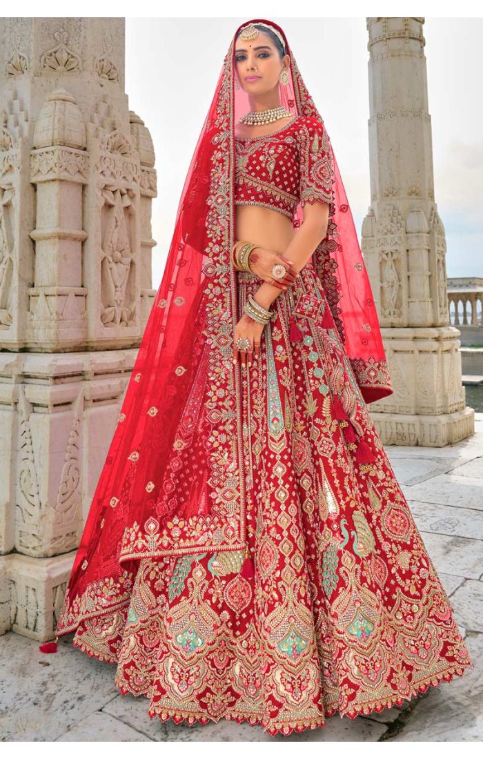 Luxurious Red Bridal Lehenga with Zardosi Embroidery and Peacock Motifs LEHV3871