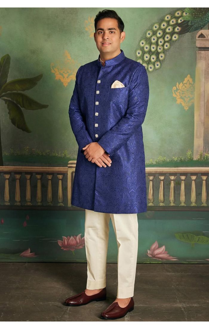 Luxury Navy Blue Jacquard Silk Sherwani for Men – Elegant Wedding & Festive Wear