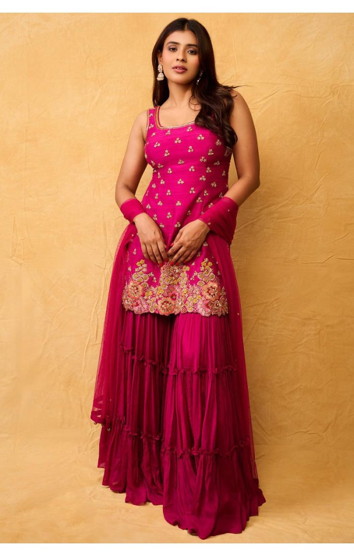 Magenta silk embroidered gharara set for EID celebrations and weddings.