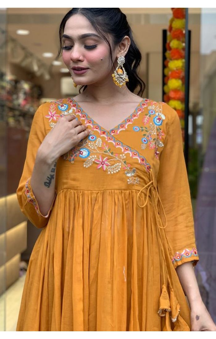 Mustard Yellow Embroidered Anarkali Kurti Set with Dupatta – Festive & Wedding Wear