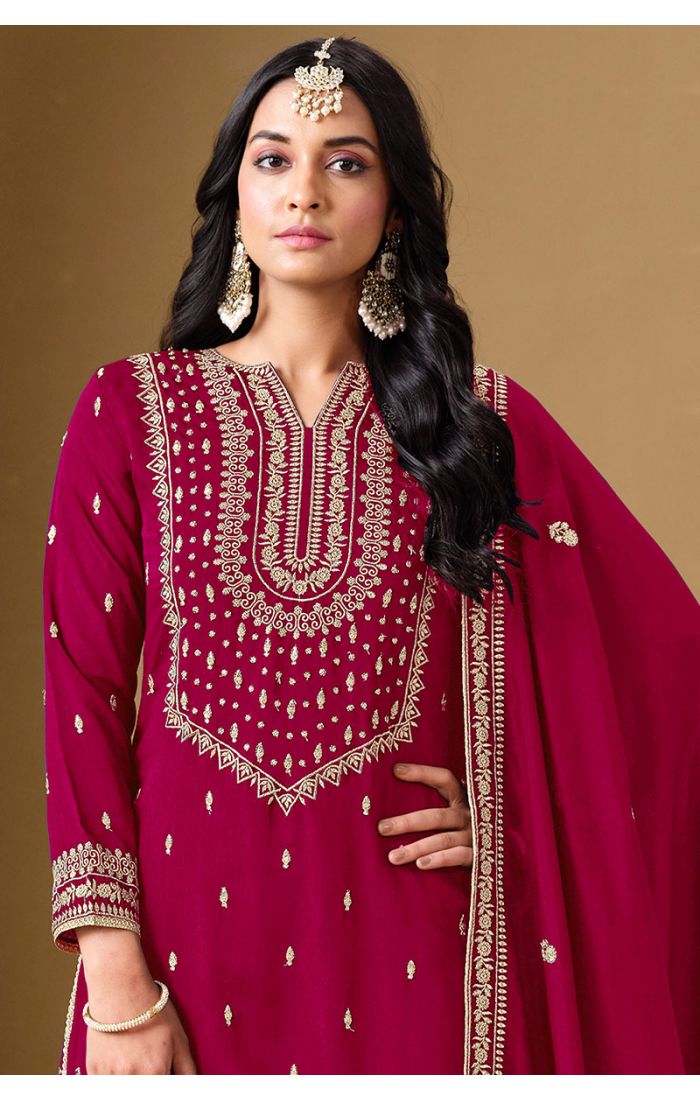 Close-up of neckline and embroidery on Maroon Art Silk Sharara Suit