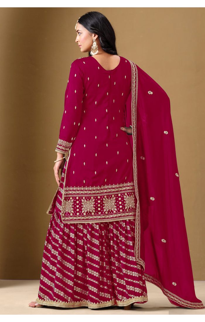 Full-length Back Pose festive wear Maroon/Red Sharara Suit with heavy embroidery