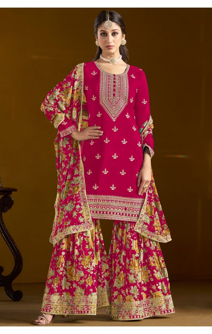 Front full view of Maroon Chinon Embroidered Sharara Suit with floral dupatta