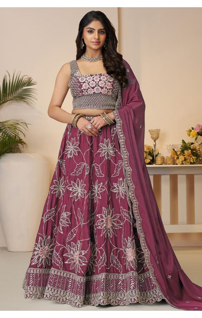 Model wearing maroon floral embroidered lehenga choli with sequin work for bridesmaids, perfect haldi mehendi outfit – USA UK Canada ethnic fashion