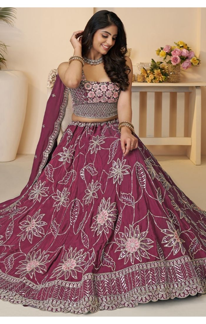 Full flare maroon lehenga skirt with delicate sequin floral embroidery, seated bridesmaid pose for wedding and festive wear – Indian lehenga USA