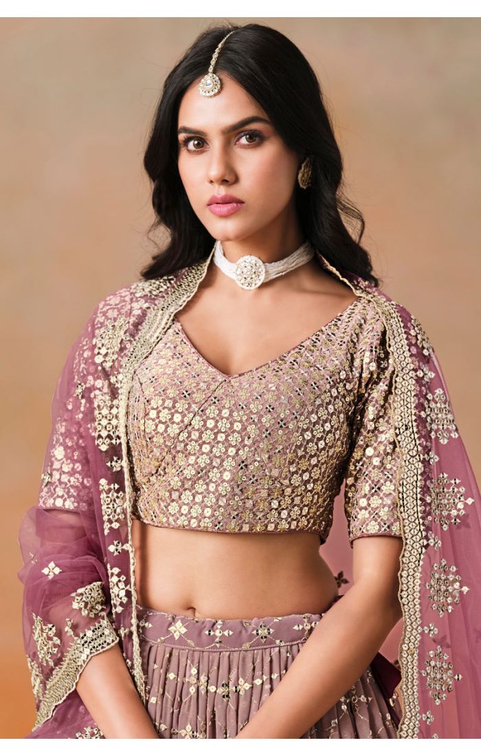 Close-Up of Maroon Embroidered Bridal Lehenga with Net Dupatta – LEHV4038