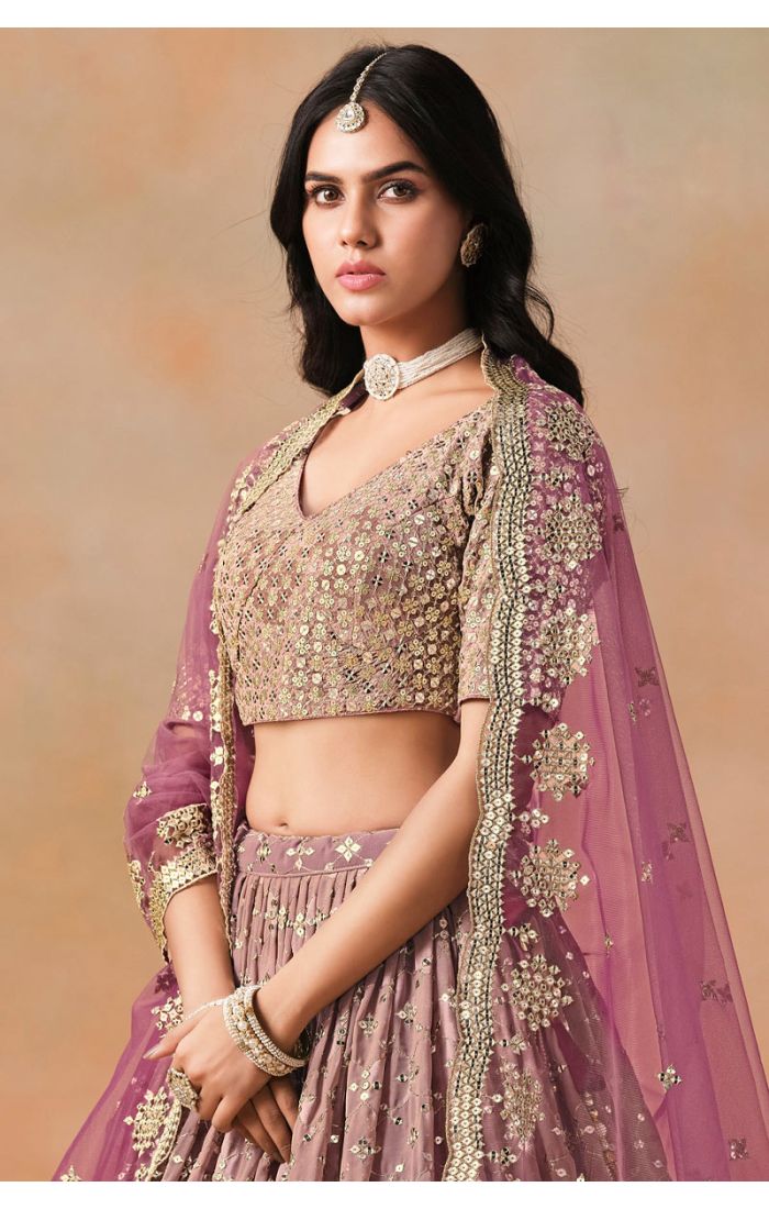 Close-Up of Maroon Embroidered Bridal Lehenga with Net Dupatta – LEHV4038
