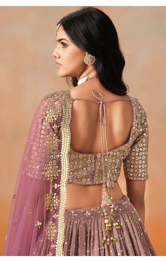 Back-Pose of Maroon Embroidered Bridal Lehenga with Net Dupatta – LEHV4038