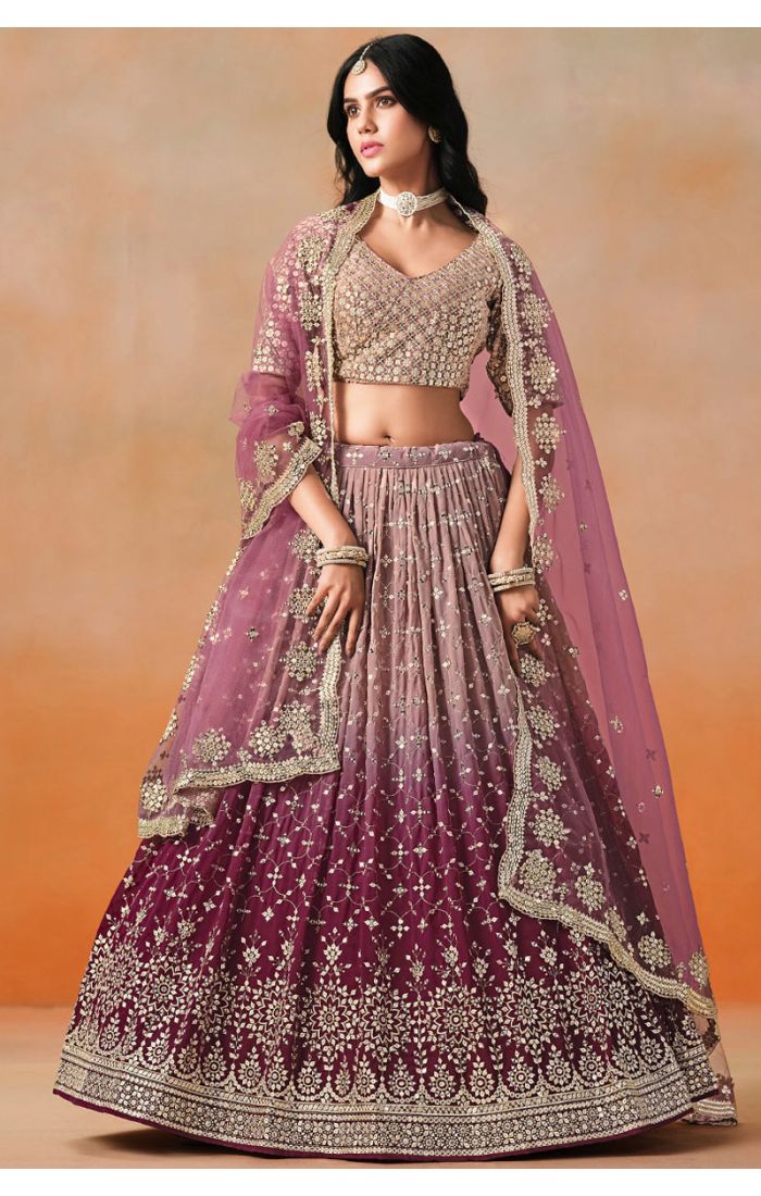Full-Length View of Maroon Georgette Bridal Lehenga Set with Zari Work