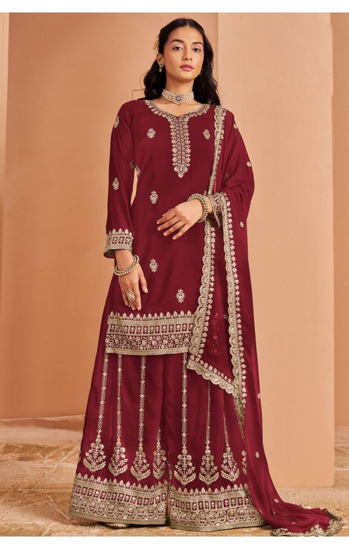 Maroon embroidered georgette salwar suit with palazzo pants and dupatta