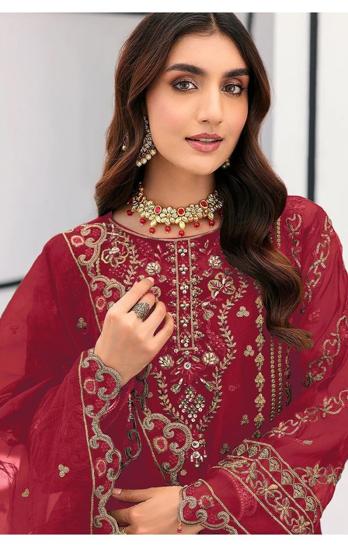 Maroon organza salwar suit with embroidery and net dupatta for weddings and festivals