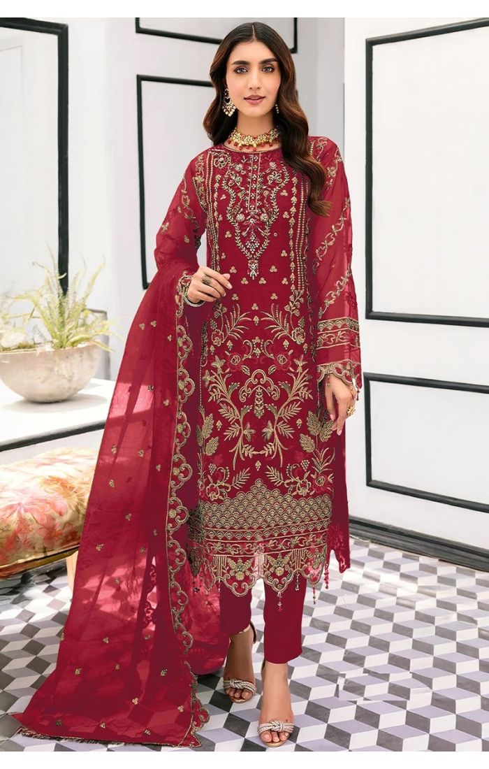 Maroon organza salwar suit with embroidery and net dupatta for weddings and festivals