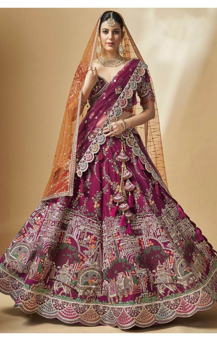 Maroon silk bridal lehenga choli with V neck front view – LEHV4131
