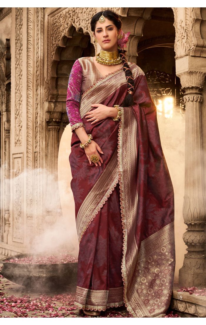 Maroon Silk Zari Work Party Wear Saree SREV4038 – Shop Indian Designer Sarees