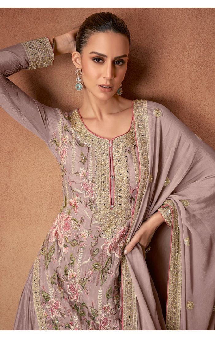 Mauve Chinon Silk Embroidered Salwar Suit with Dupatta for Weddings and Festivals