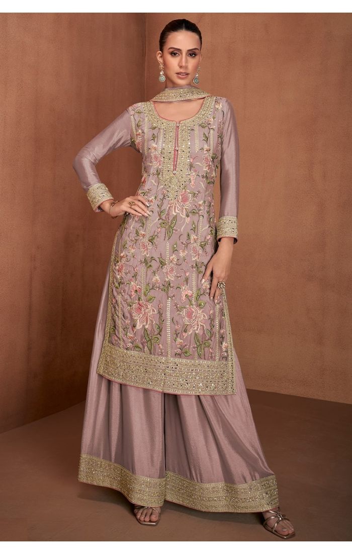 Mauve Chinon Silk Embroidered Salwar Suit with Dupatta for Weddings and Festivals