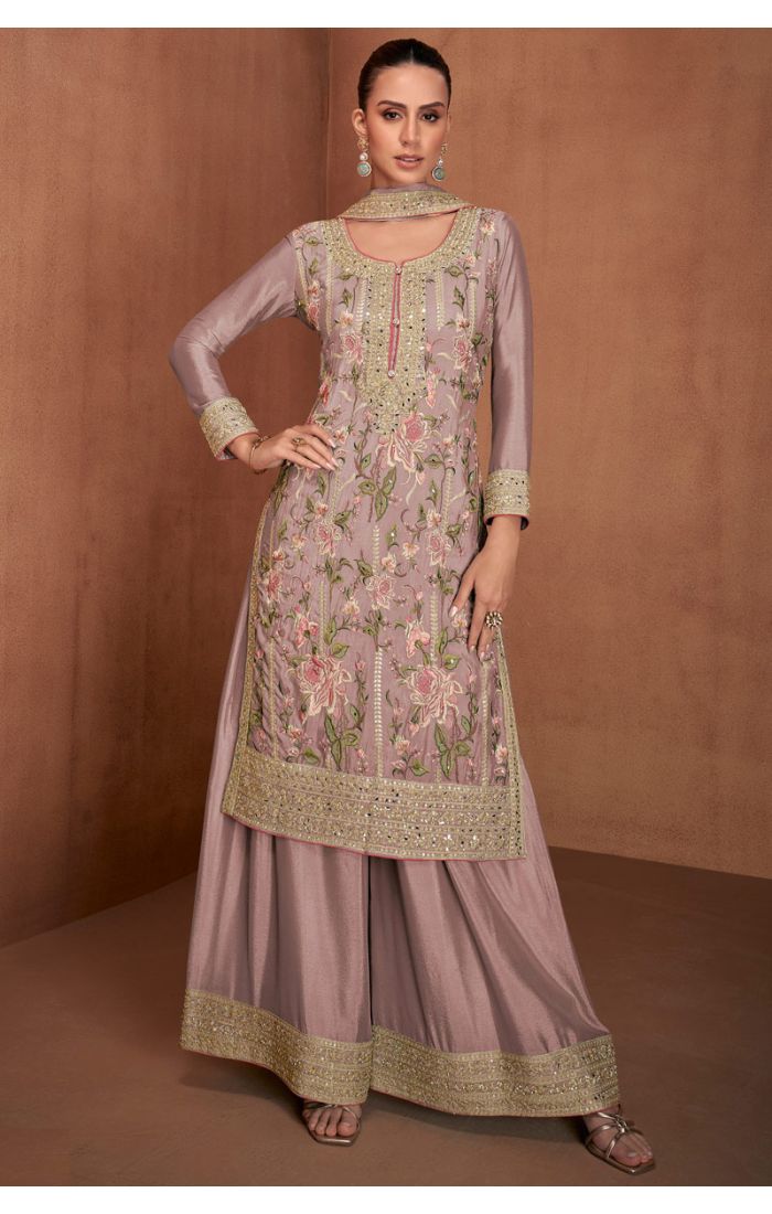Buy Mauve Chinon Silk Embroidered Salwar Suit for Weddings & Festive Wear online - SALV5691 | Appelle Fashion 