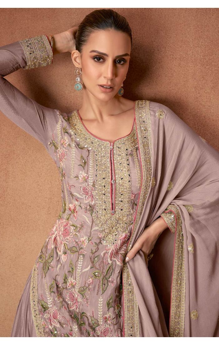 Buy Mauve Chinon Silk Embroidered Salwar Suit for Weddings & Festive Wear online - SALV5691 | Appelle Fashion 