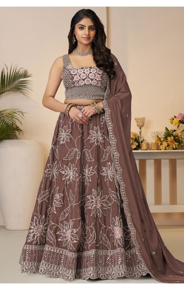  Mauve sequin floral lehenga with blouse and dupatta front view – Indian bridesmaid outfit