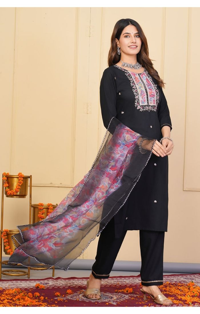  Midnight Black Embroidered Chanderi Kurta Set with Floral Chiffon Dupatta for Weddings & Festive Wear