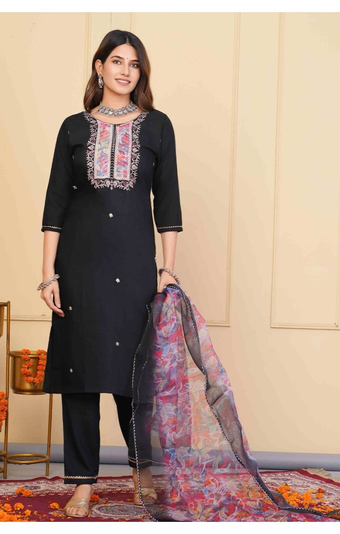  Midnight Black Embroidered Chanderi Kurta Set with Floral Chiffon Dupatta for Weddings & Festive Wear