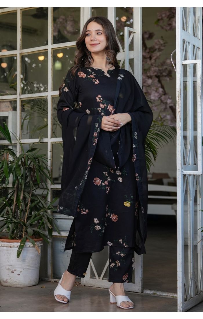  Midnight Blossom Black Floral Kurta Pant Set with Dupatta for Weddings & Festive Wear