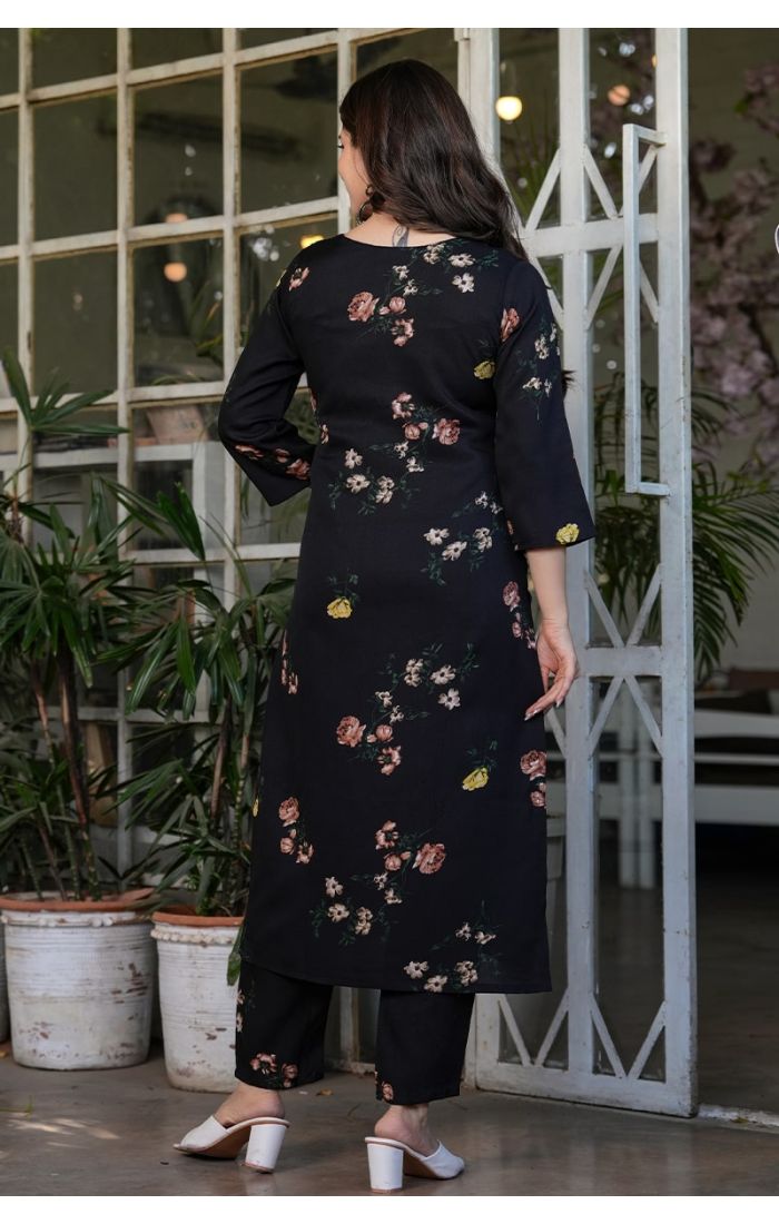  Midnight Blossom Black Floral Kurta Pant Set with Dupatta for Weddings & Festive Wear