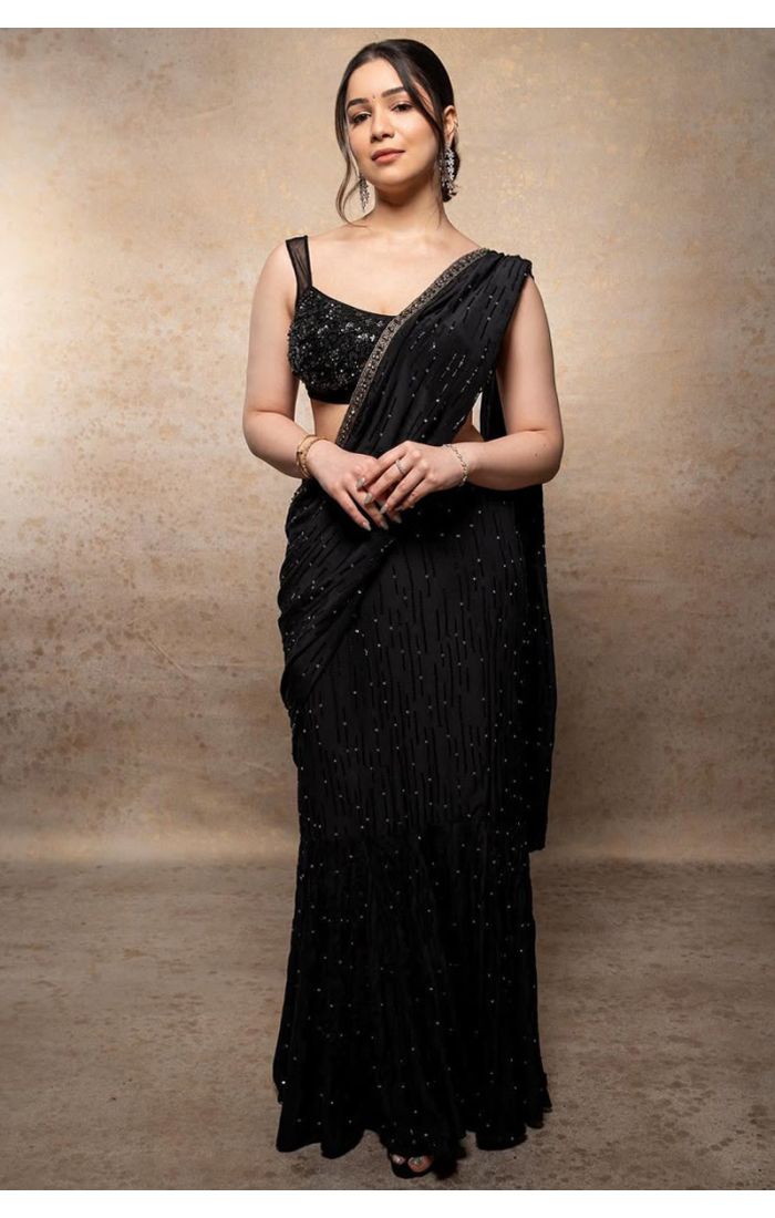 Black Sequin Saree with Embroidered Blouse – Partywear Saree UK – Appelle Fashion
