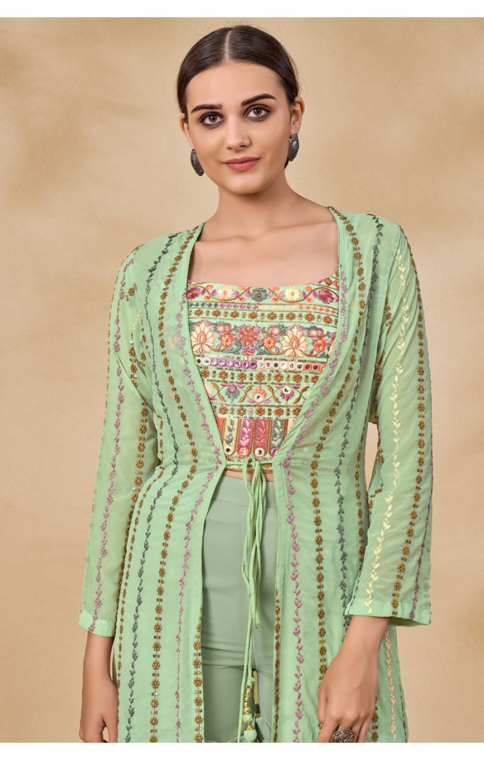 Close view of mint green georgette festive set with long jacket and sharara pants for Navratri
