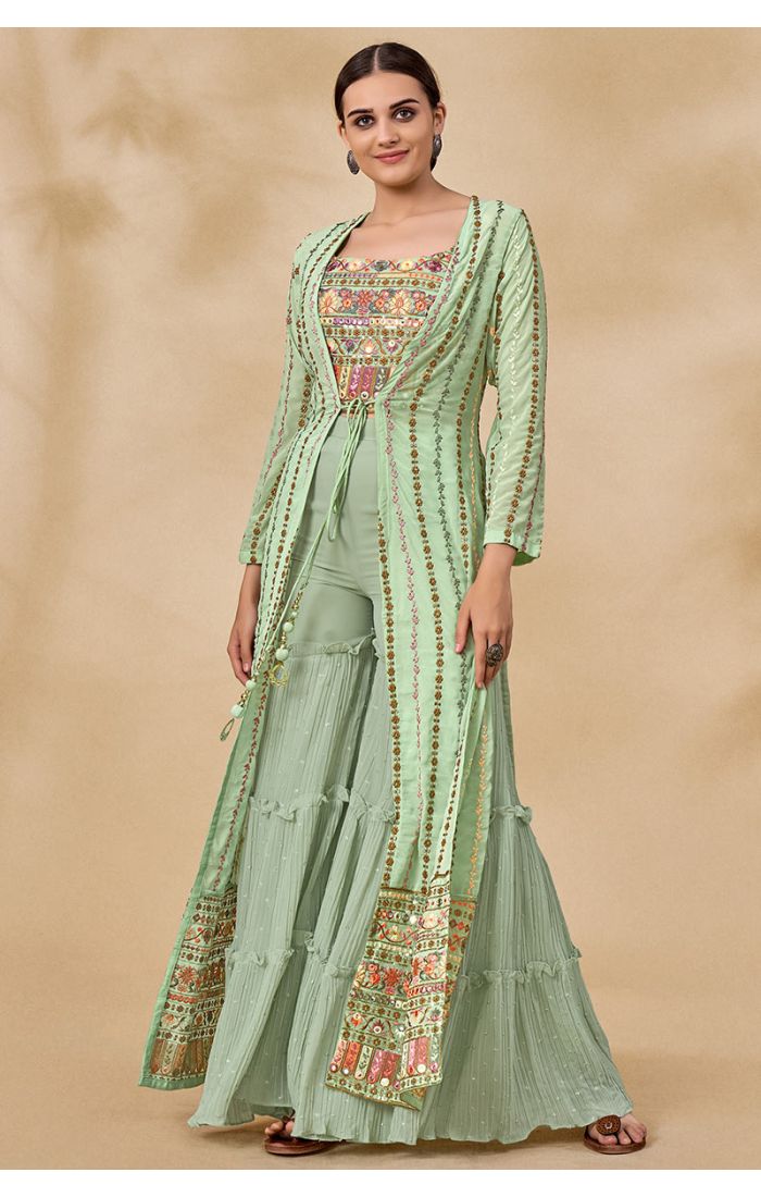 Full view of mint green georgette festive set with long jacket and sharara pants for Navratri