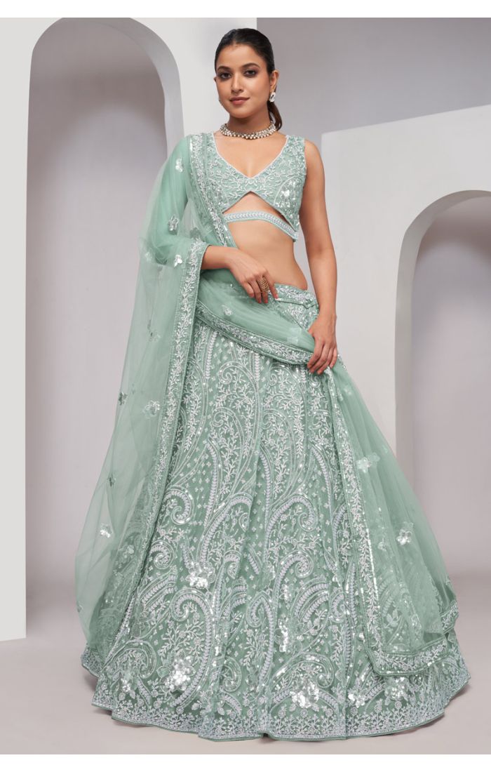 Mint Green Net Embroidered Lehenga for Weddings and Festive Events