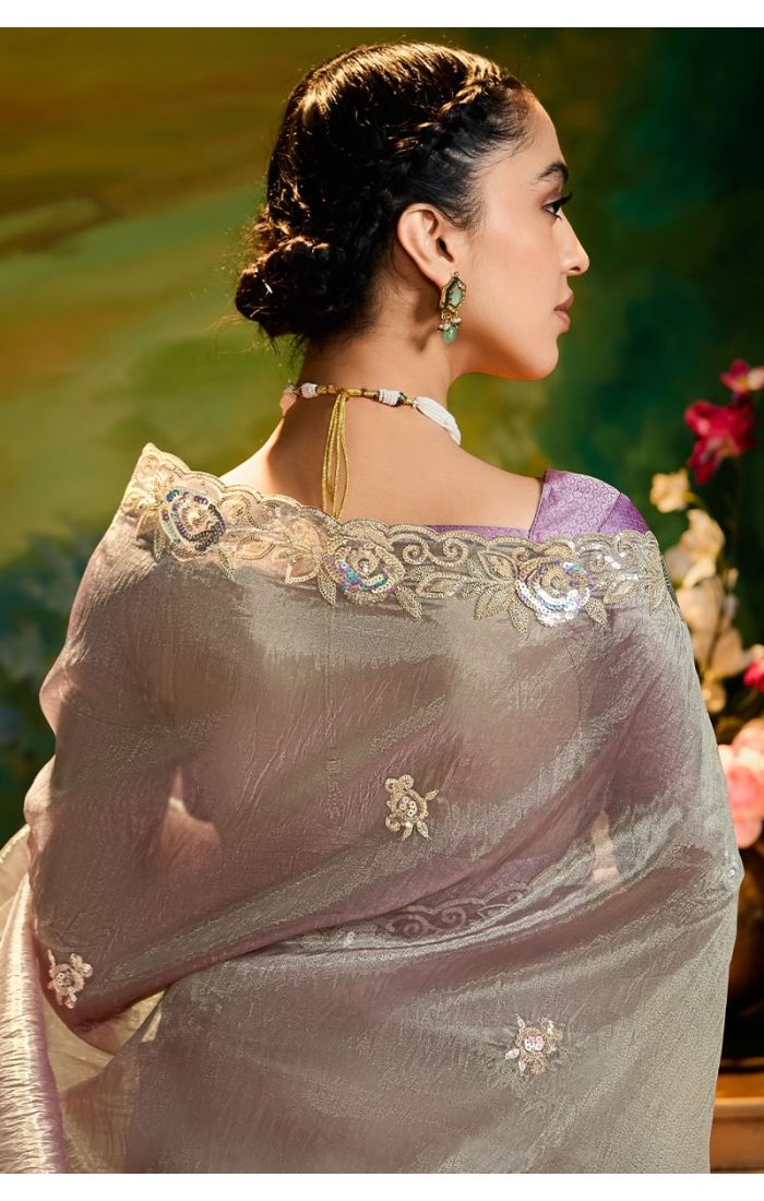  Back view showcasing purple raw silk blouse paired with grey organza saree