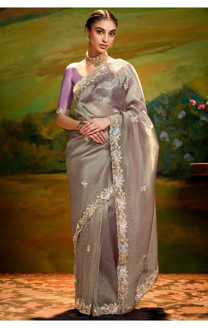 Moonlit Lavender grey organza saree with purple raw silk blouse front view – Appelle Fashion