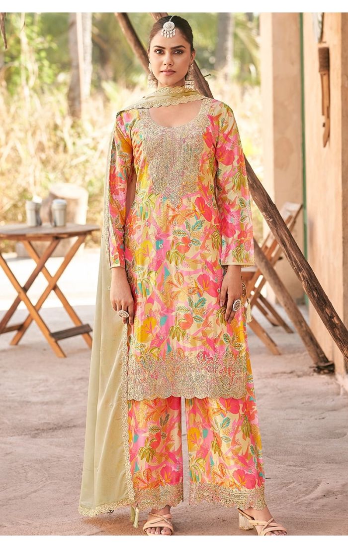 Multicolor chinon salwar suit front view with beige organza dupatta and embroidery details