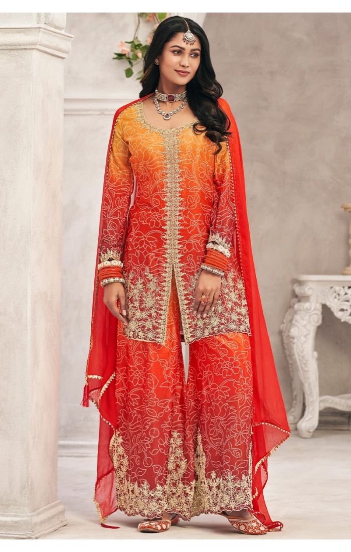 Multicolor chinon salwar suit front view with chiffon dupatta and embroidery