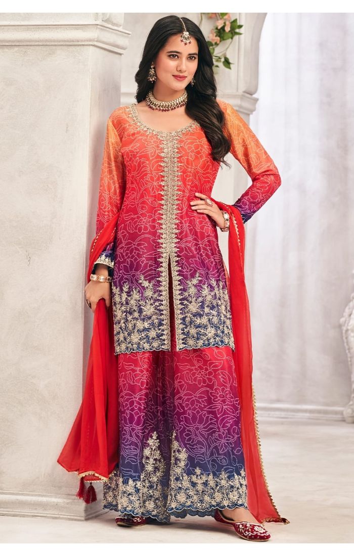 Multicolor chinon salwar suit front view with digital print and embroidery details