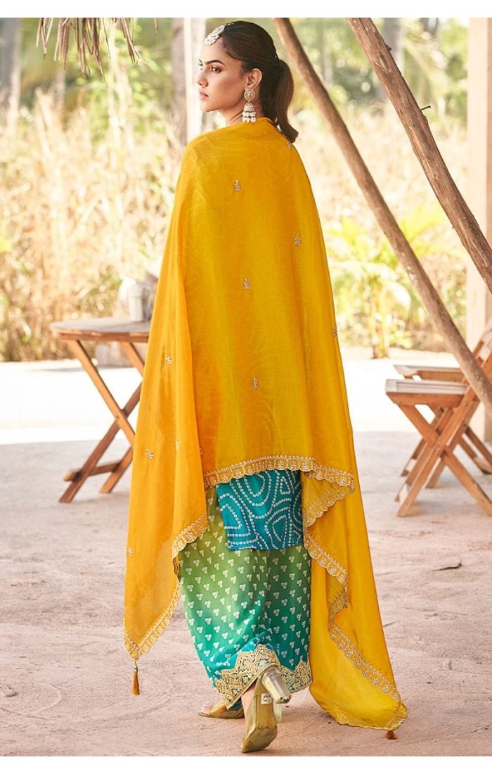 Back view highlighting elegant straight-cut fit and dupatta drape
