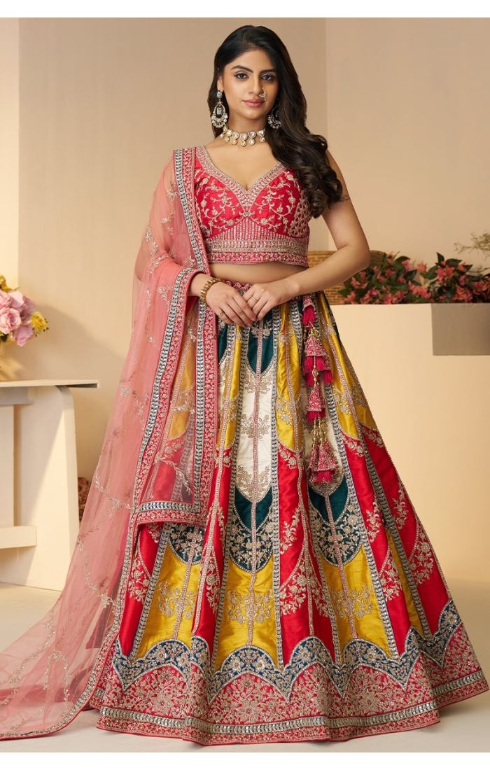: Front full view of bridal organza lehenga with red blouse and zari detailing – Appelle Fashion