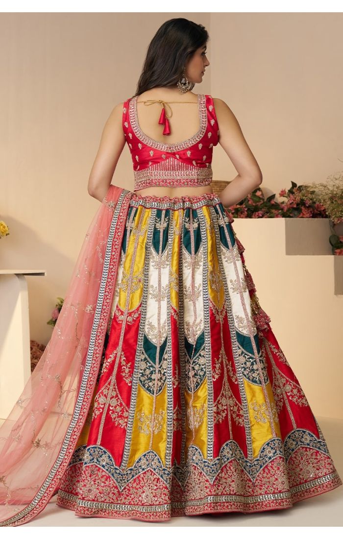 Back view of multicolor bridal lehenga with zari embroidery and net dupatta – Appelle Fashion