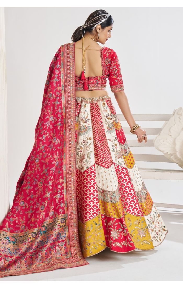 Back view of multicolour Banarasi scallop lehenga with red embroidered blouse – bridalwear for USA weddings