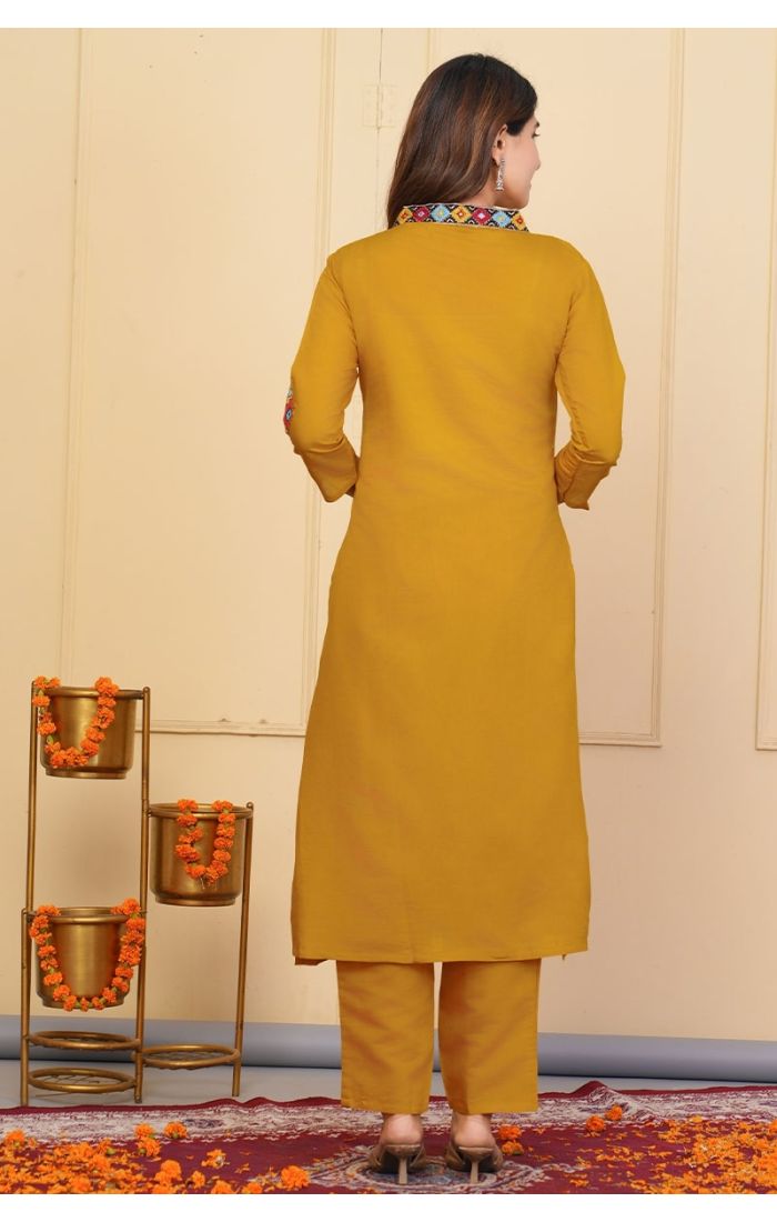 Mustard Embroidered Kurta Set with Boho Tassels and Vibrant Printed Dupatta – Traditional Festive & Wedding Wear