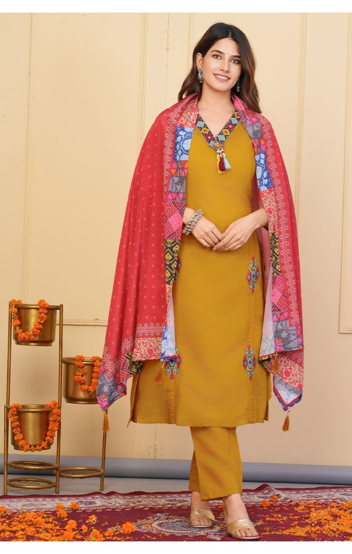 Mustard Embroidered Kurta Set with Boho Tassels and Vibrant Printed Dupatta – Traditional Festive & Wedding Wear